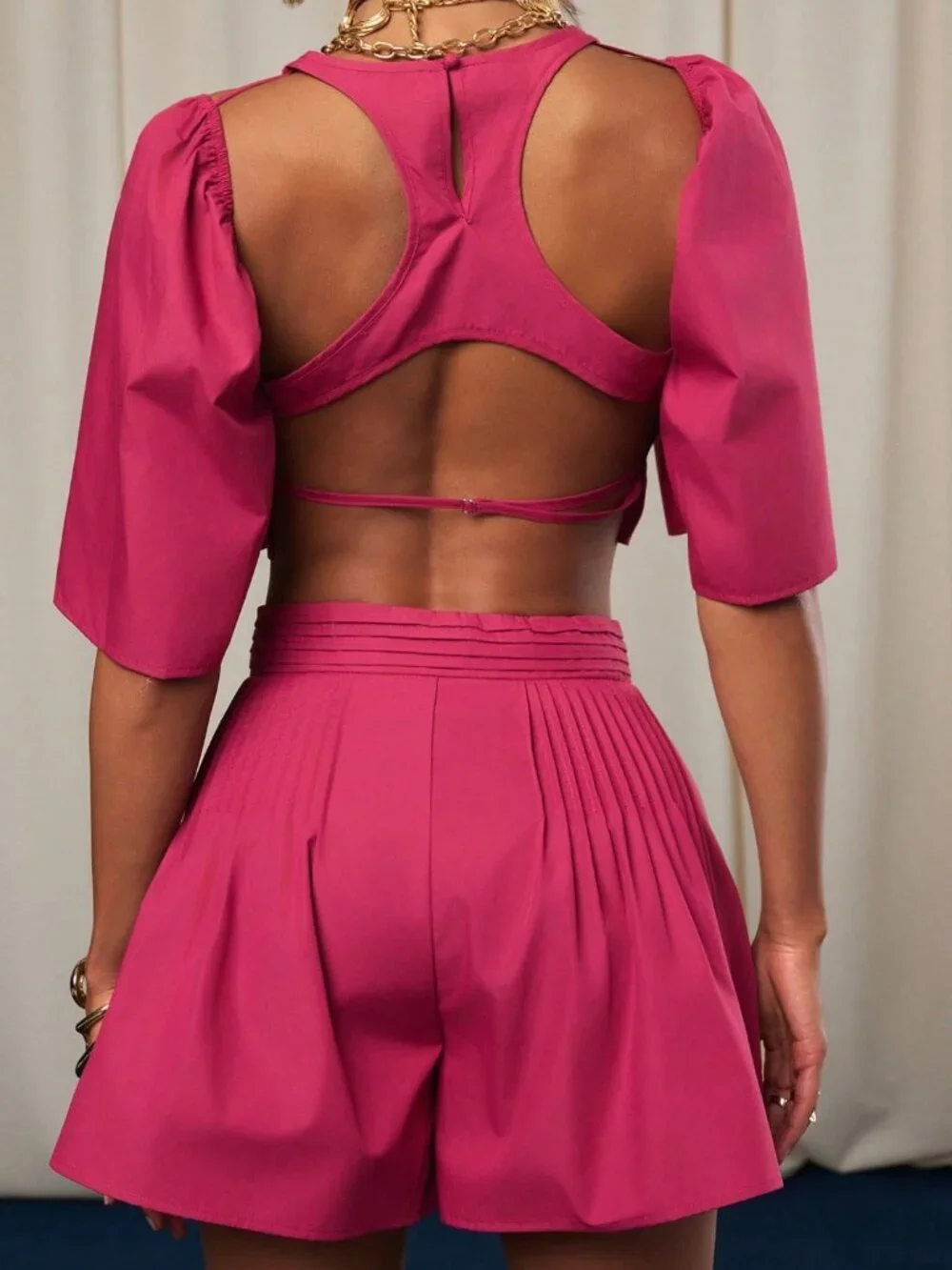 Hot Pink Casual Women's Matching Set with Puff Sleeve Trouser Bottoms